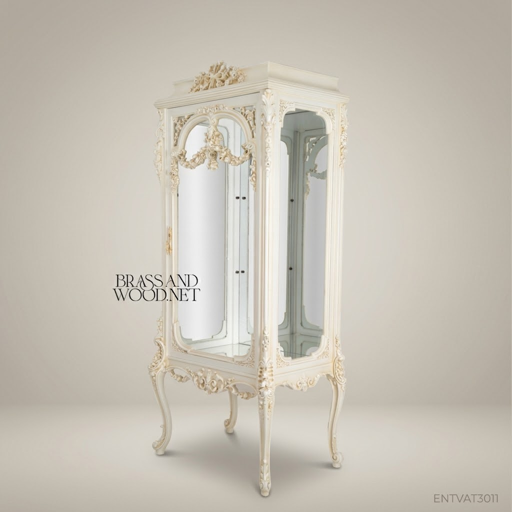 Rococo Revival Ivory Vitrine Cabinet - Hand-Carved Floral Swags & Mirrored Interior