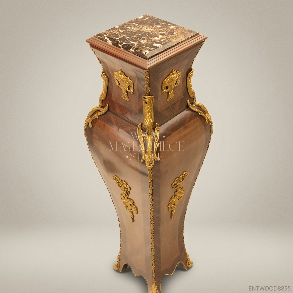 Napoleon III Rococo Revival Marquetry Wood Pedestal Column - Gilt Bronze Vase-Form with Marble Top