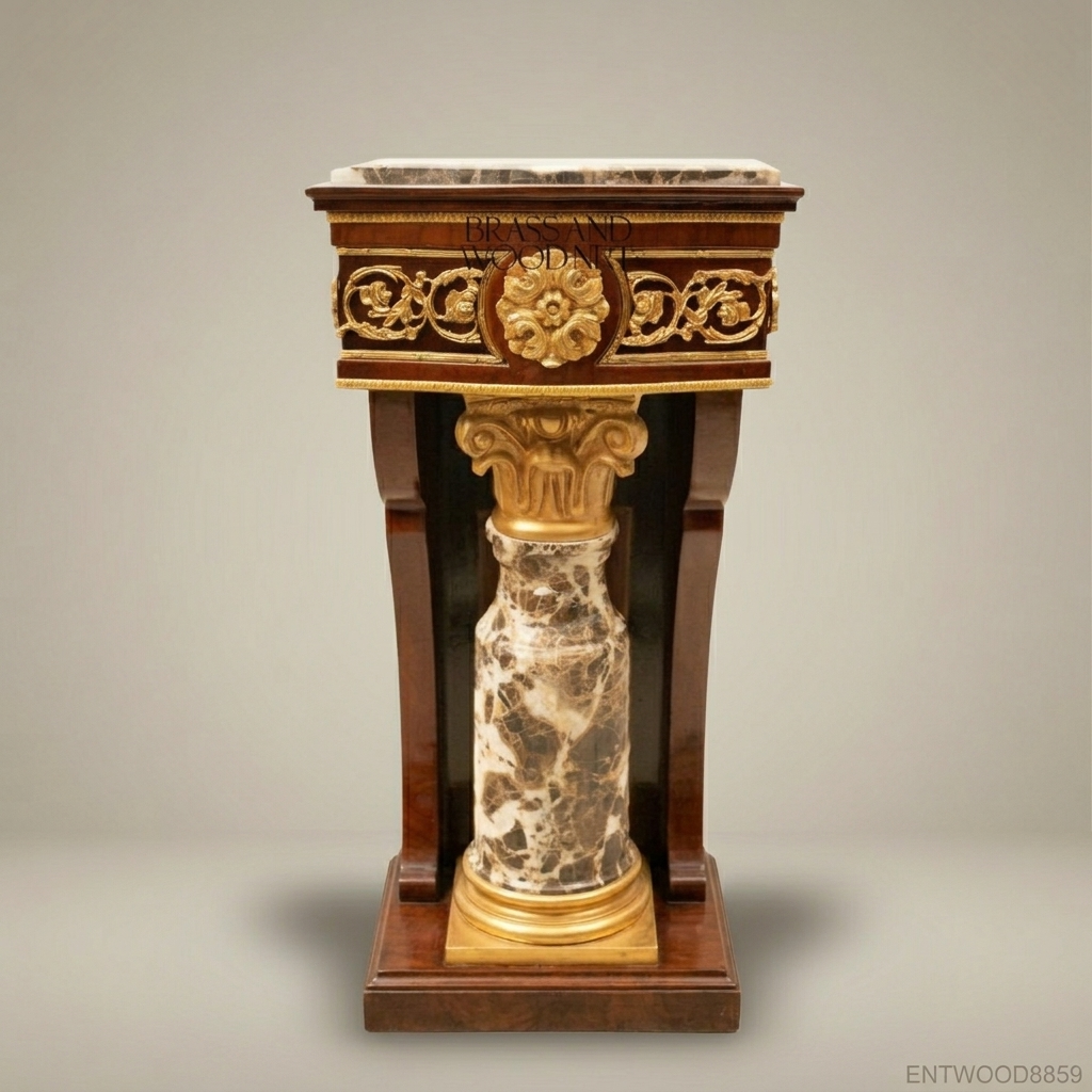 Napoleon III Marquetry Wood Pedestal Column with Marble Shaft & Gilt Corinthian Capital