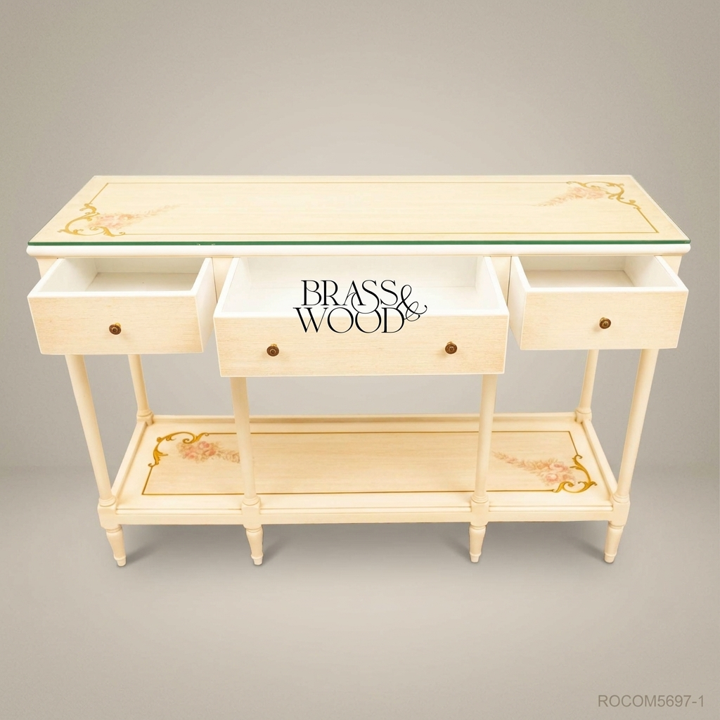 Classic Cream Wooden Console Table with Glass Top