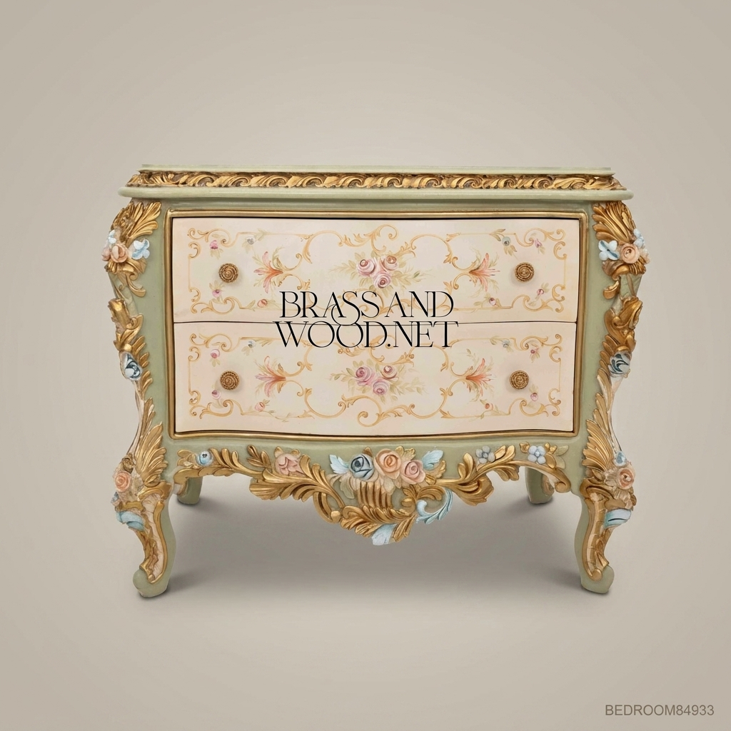 Louis XV Rococo Venetian Polychrome Canopy Bedroom Set with Hand-Painted Floral Bombé Commodes