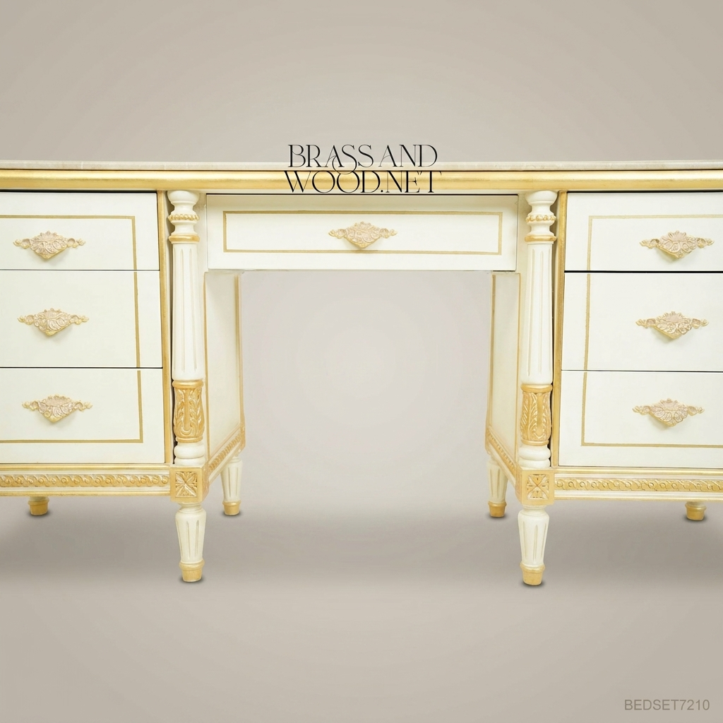 Louis XVI Neoclassical Ivory & Gold Dressing Table Set – Arched Mirror & Marble Top