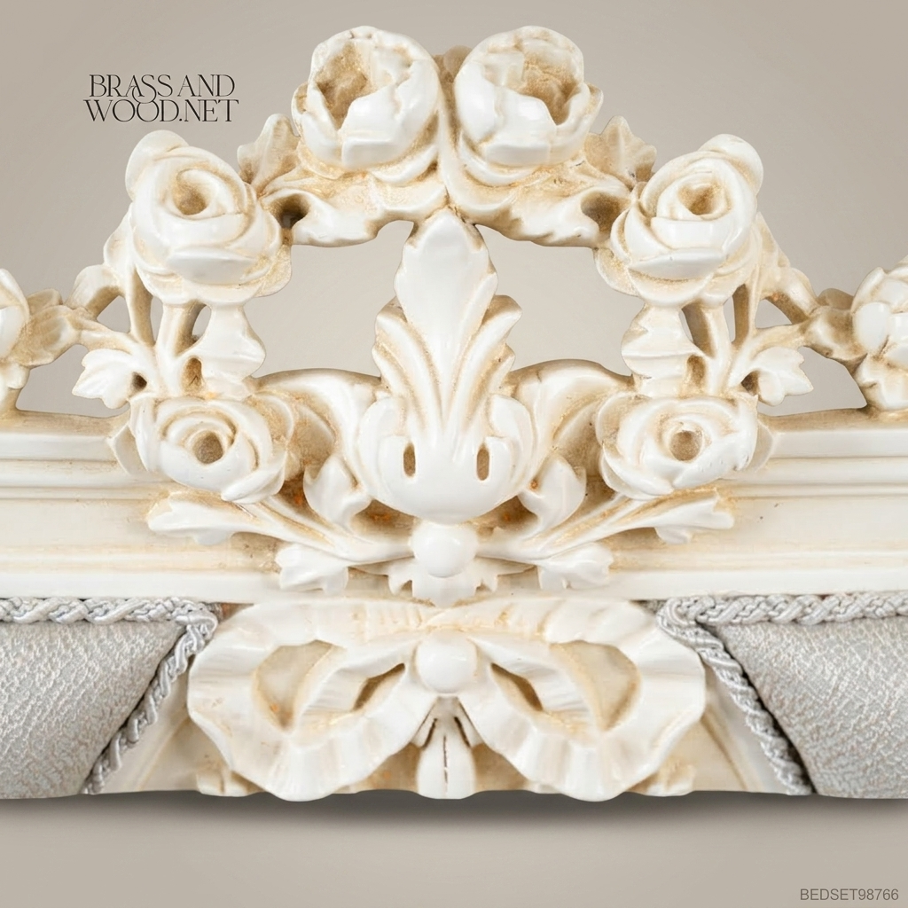 Napoleon III Rococo Revival Carved Ivory Bedroom Set - Cartouche Medallion Footboard & Cabriole Legs