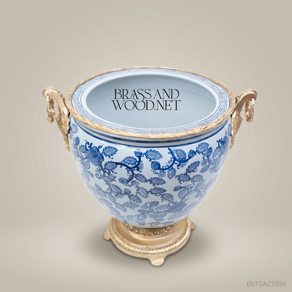 Porcelain Planter Cachepot - Large 40 cm - Blue & White - Antique Brass