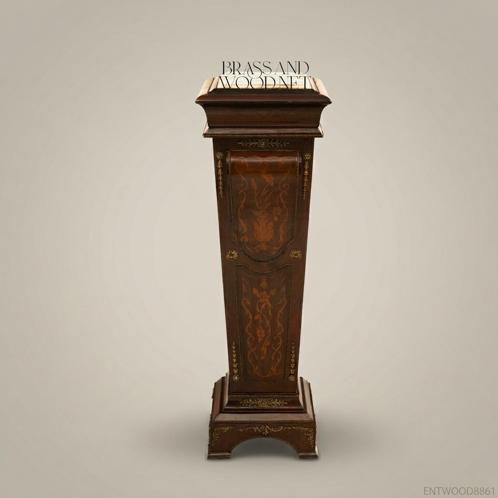 Renaissance Revival Marquetry Display Pedestal with Marble Top & Brass Mounts