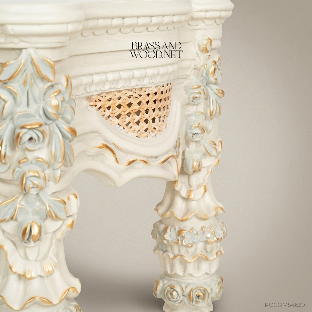 Louis XVI Neoclassical Cane & Carved Wood Bedroom Set - Antique White with Floral Swag Panels