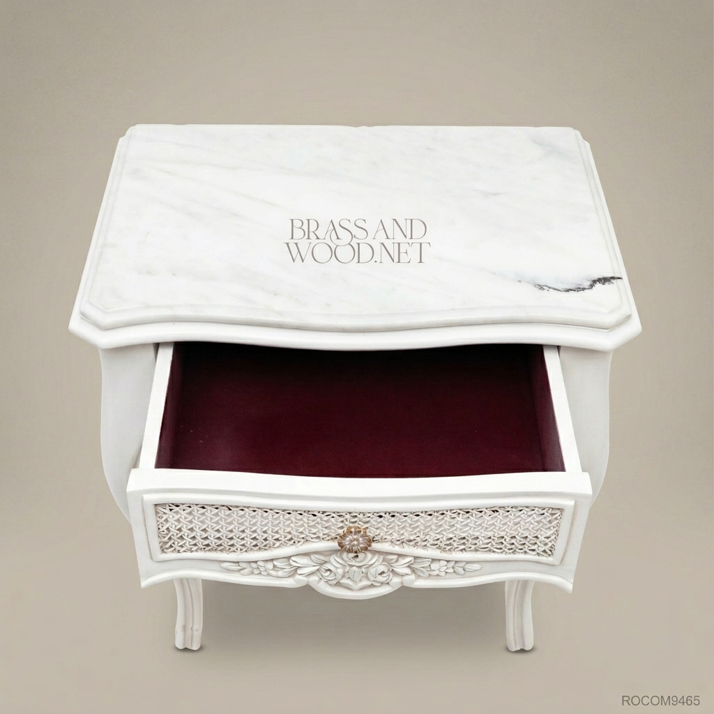 Louis XV Rococo White Lacquered Nightstand with Cane Drawer & Marble Top