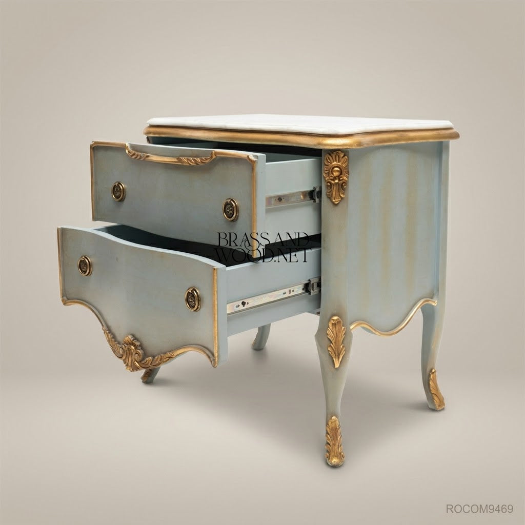 Louis XV Rococo Painted Nightstand with Marble Top & Gilt Acanthus Mounts