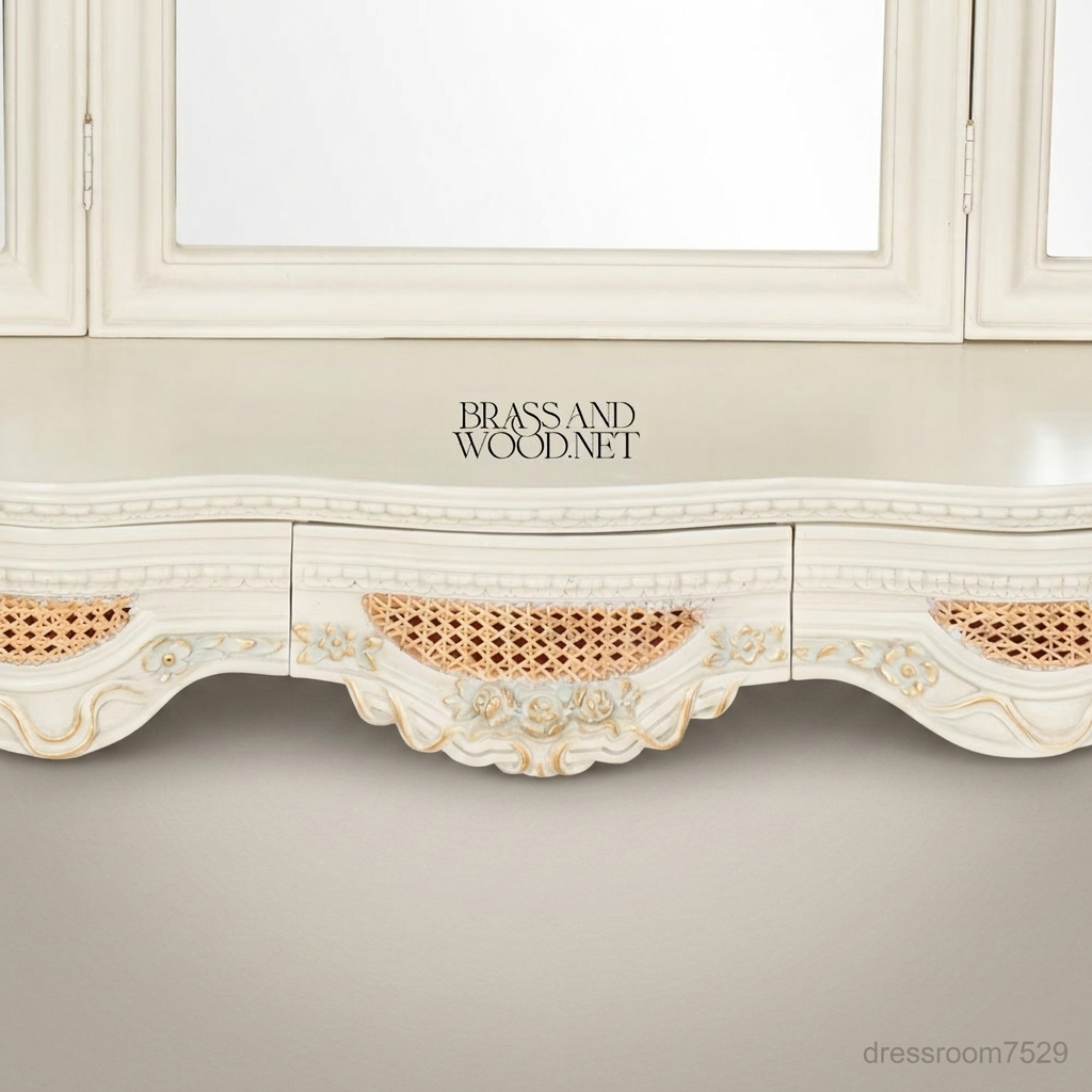 Louis XVI Neoclassical Cane & Carved Wood Bedroom Set - Antique White with Floral Swag Panels