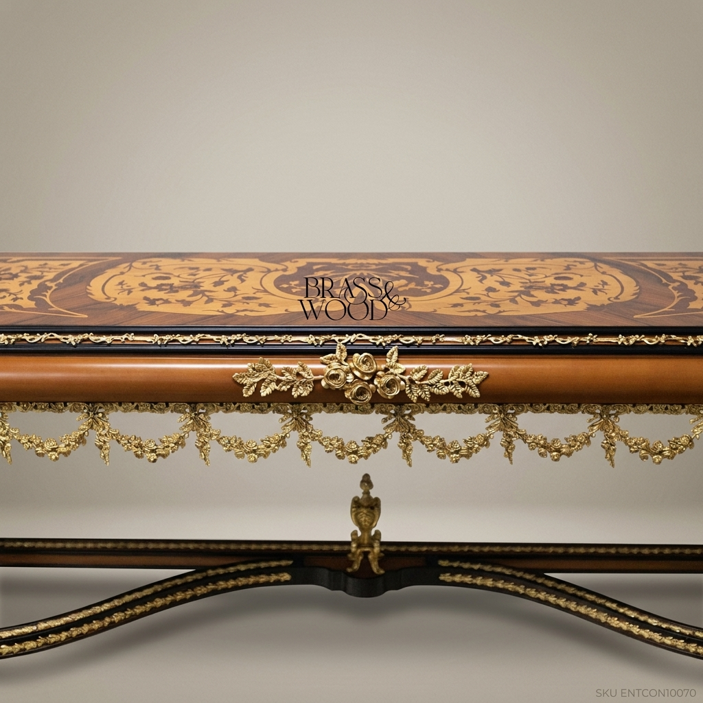 Louis XVI Neoclassical Console Table with Marquetry Top & Ormolu Garlands