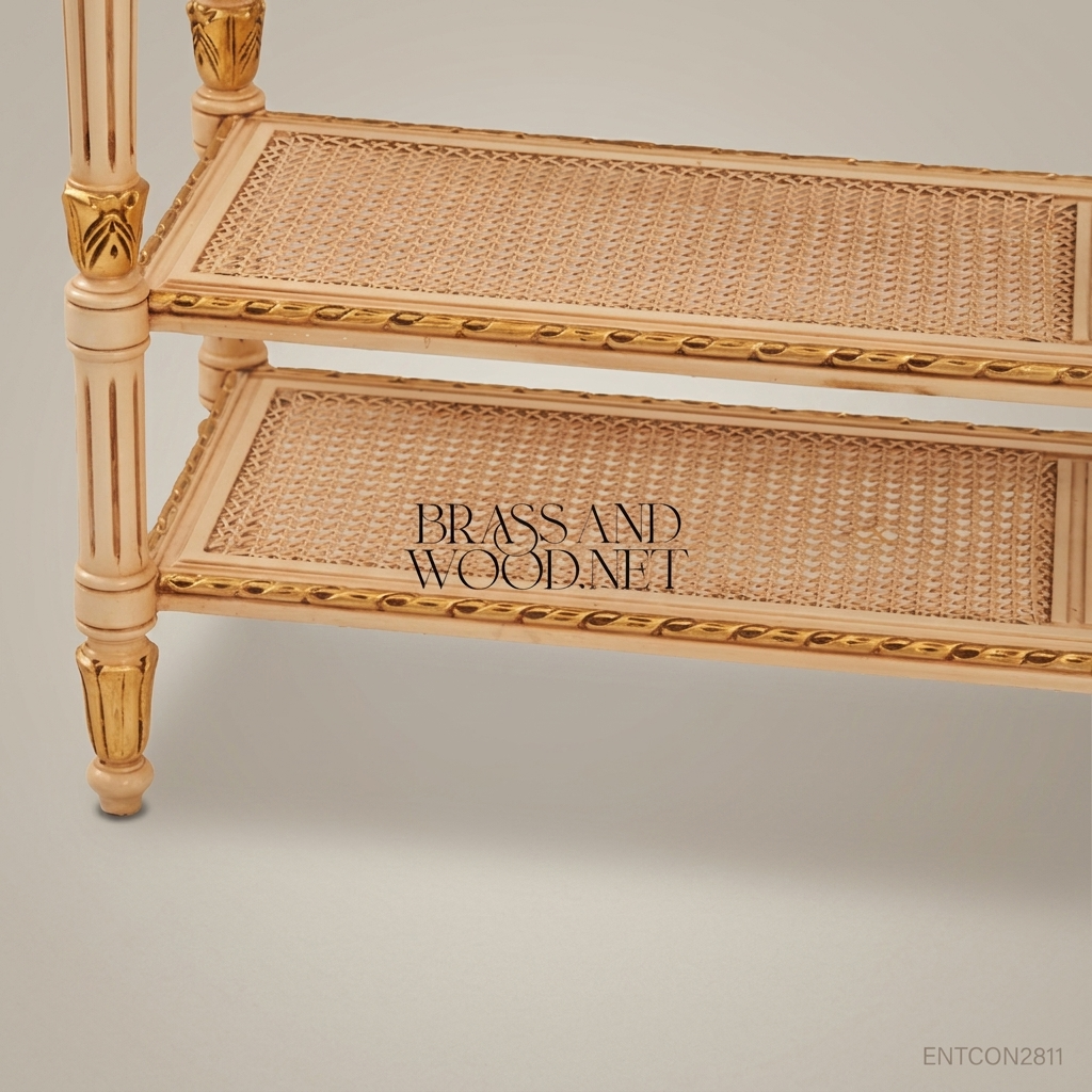 Louis XVI Ivory & Gold Leaf Console Table with Cane Shelves & Floral Swags
