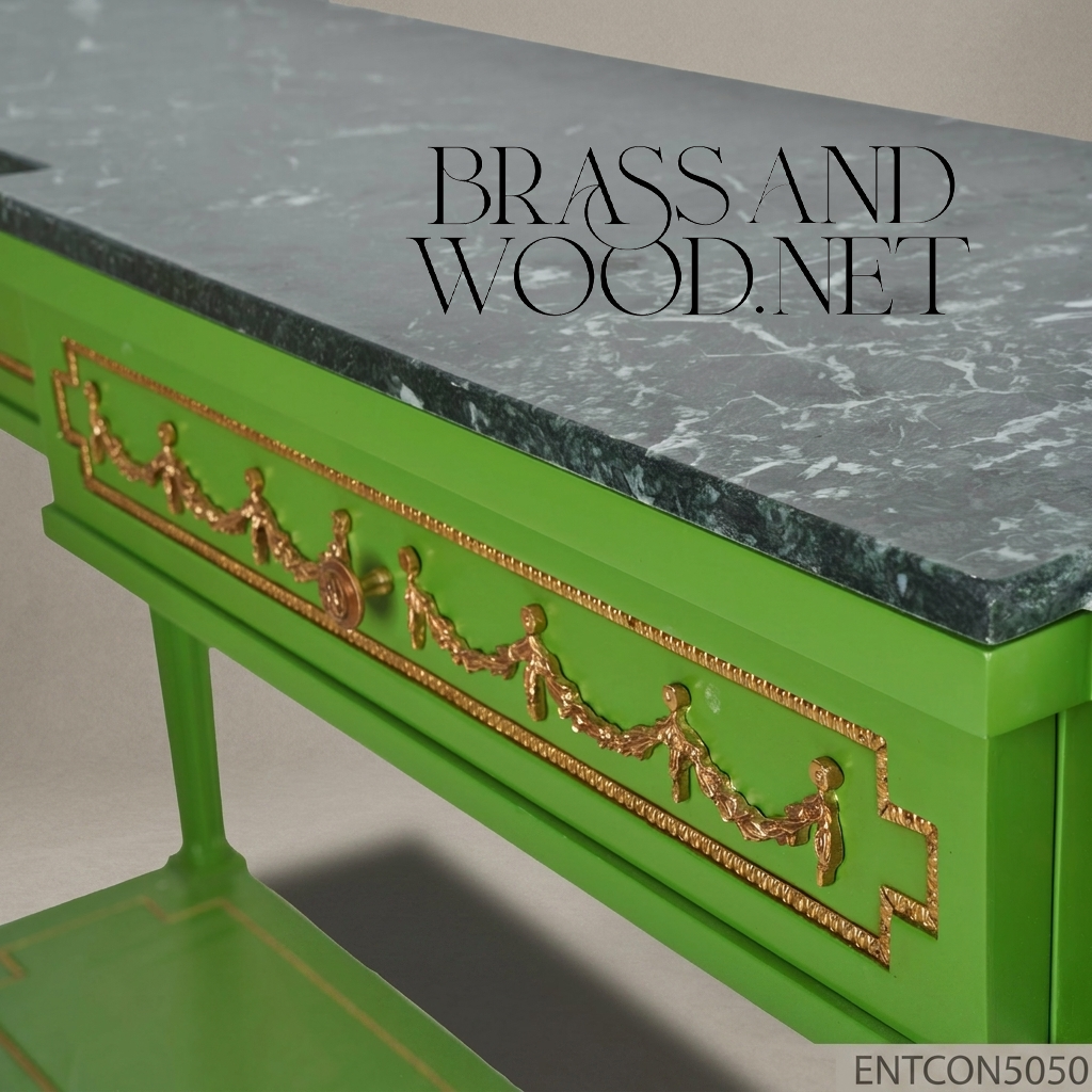 Louis XVI Green Lacquer & Marble Console Table with Gold Leaf Accents