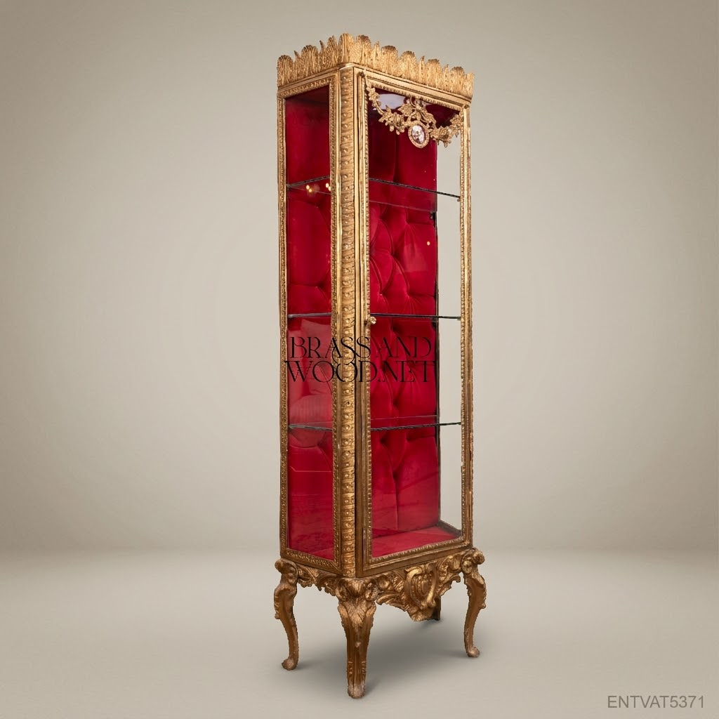 Napoleon III Rococo Revival Gilt Display Vitrine - Crimson Capitonné Interior & Acanthus Crown