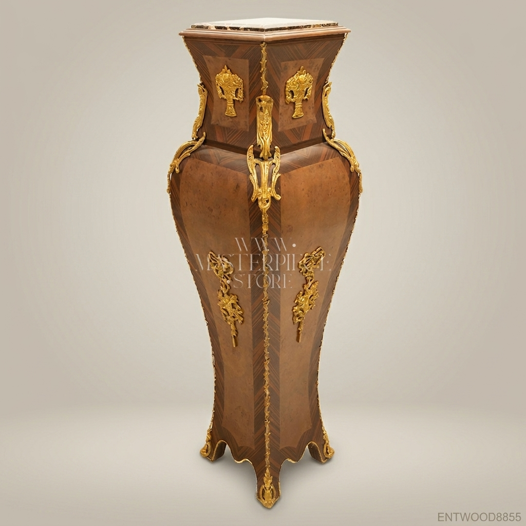 Napoleon III Rococo Revival Marquetry Wood Pedestal Column - Gilt Bronze Vase-Form with Marble Top