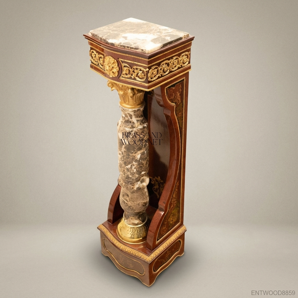 Napoleon III Marquetry Wood Pedestal Column with Marble Shaft & Gilt Corinthian Capital