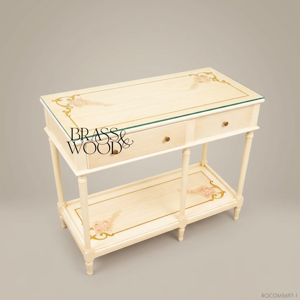 Classic Cream Wooden Console Table with Glass Top