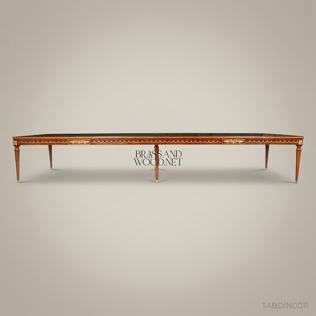 Brass & Wood Louis XVI Marquetry Brass-Mounted Dining Table