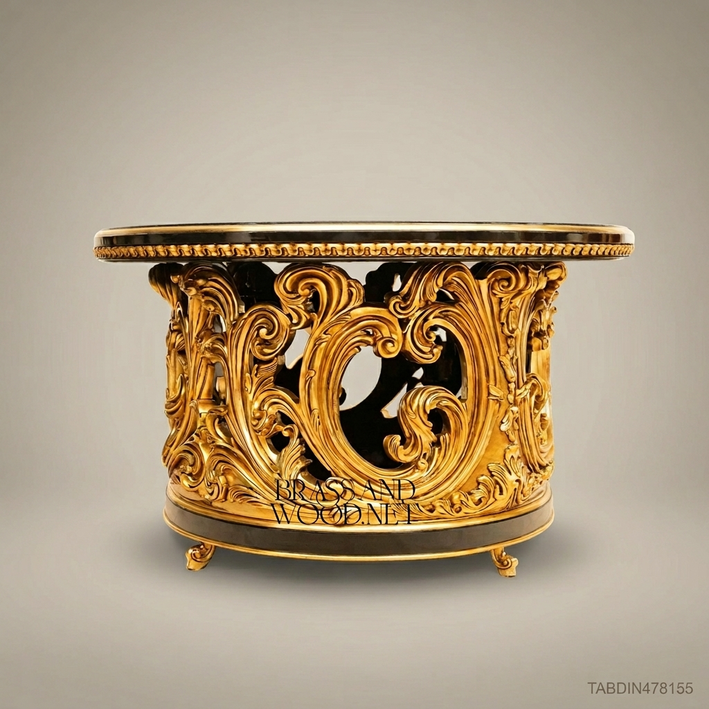 Brass & Wood Baroque Round Dining Table with Hand-Painted Black Floral Top — 12 Persons
