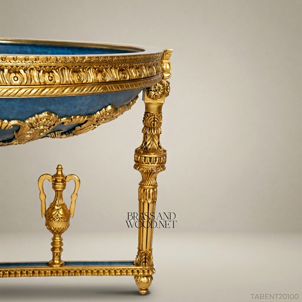 Louis XVI Neoclassical Round Centre Table — Gilt Carved Frame with Blue Panel Apron & Urn Stretcher