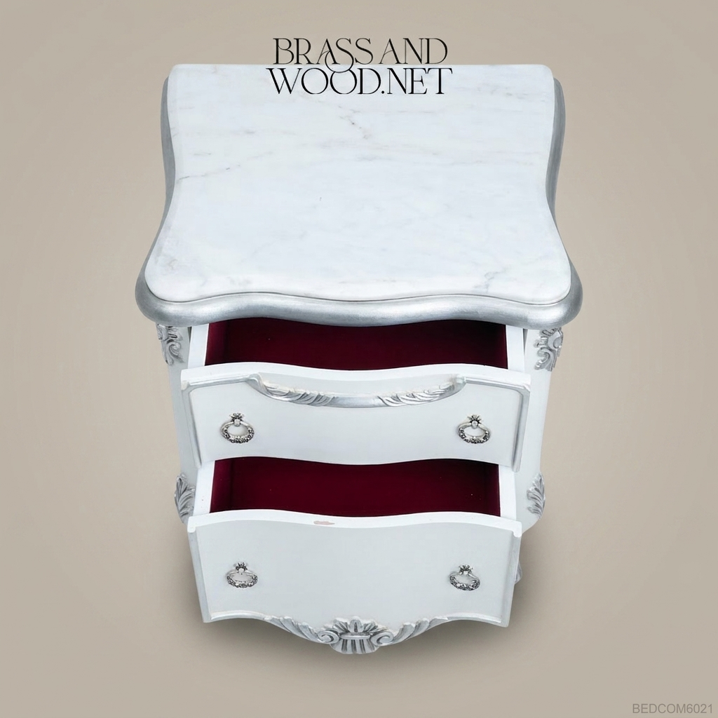 Rococo Revival Silver-Leafed Nightstand with Marble Top & Velvet-Lined Drawers