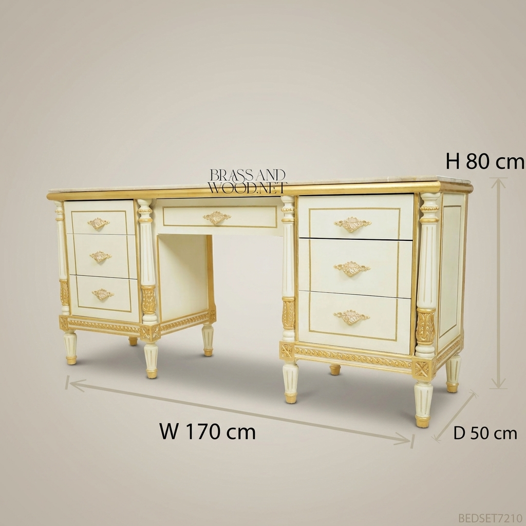 Louis XVI Neoclassical Ivory & Gold Dressing Table Set – Arched Mirror & Marble Top