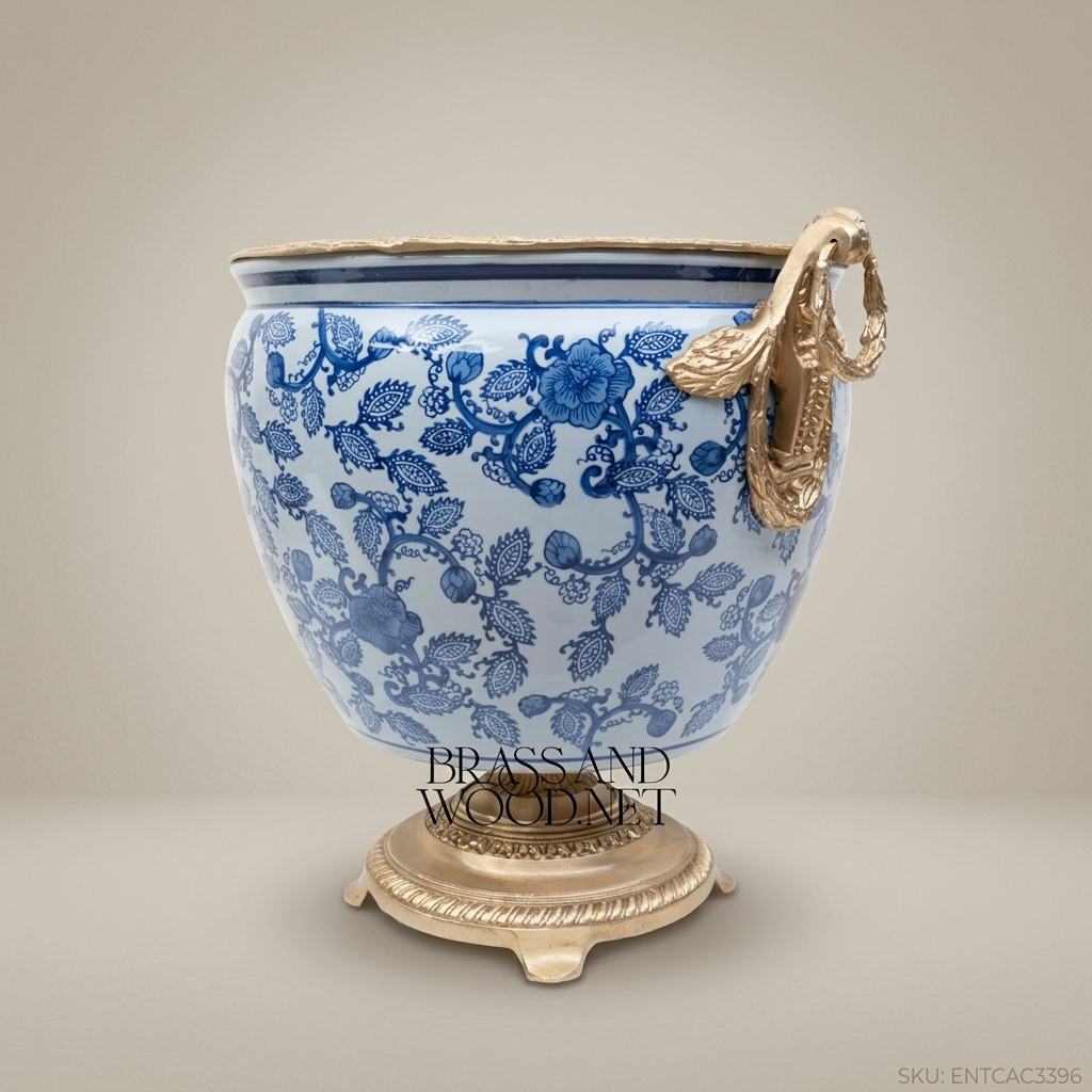 Porcelain Planter Cachepot - Large 40 cm - Blue & White - Antique Brass