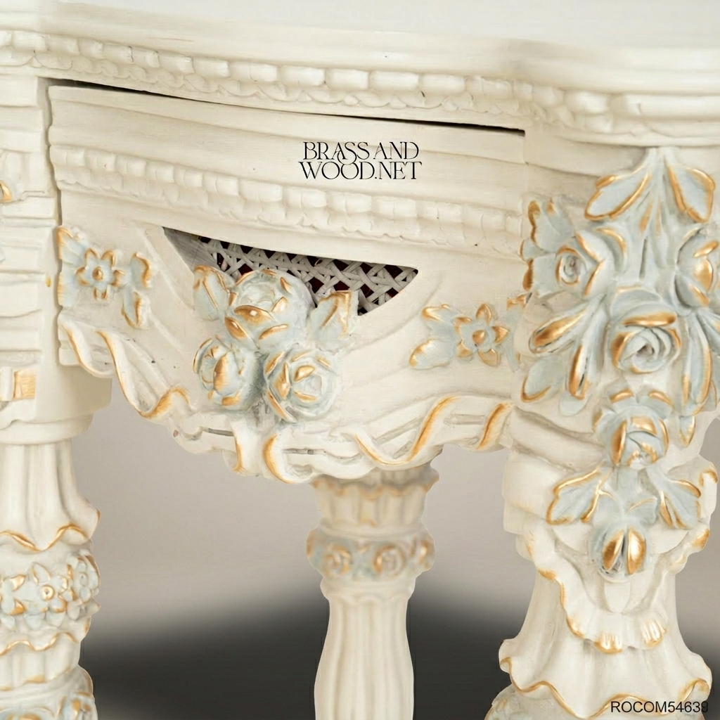 Louis XVI Neoclassical Cane & Carved Wood Bedroom Set - Antique White with Floral Swag Panels