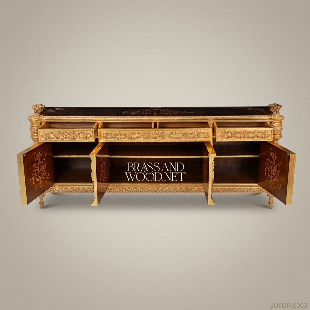 Brass & Wood Louis XVI Carved Gilt Dining Buffet