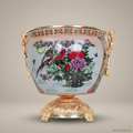 Chinoiserie Hand-Painted Porcelain Jardinière with Gilt Brass Pedestal & Dragon Handles