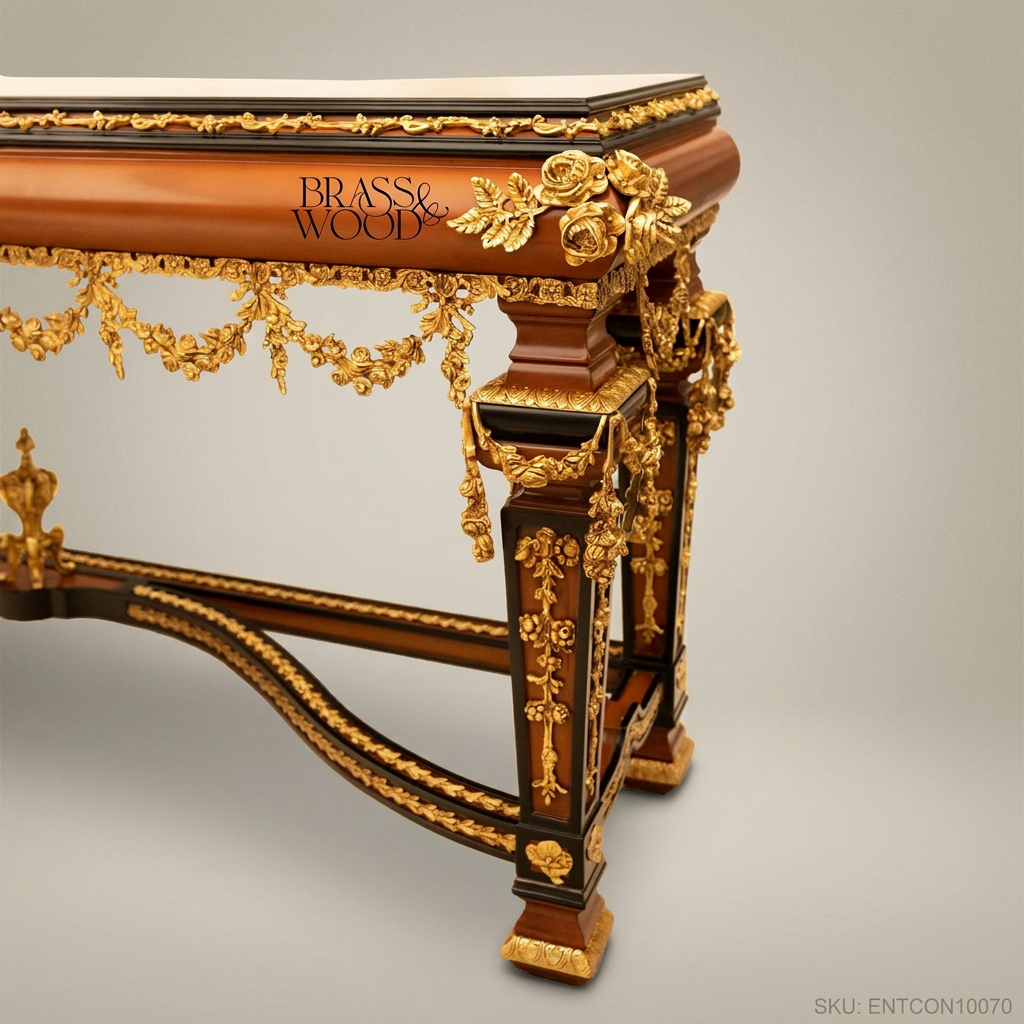Louis XVI Neoclassical Console Table with Marquetry Top & Ormolu Garlands