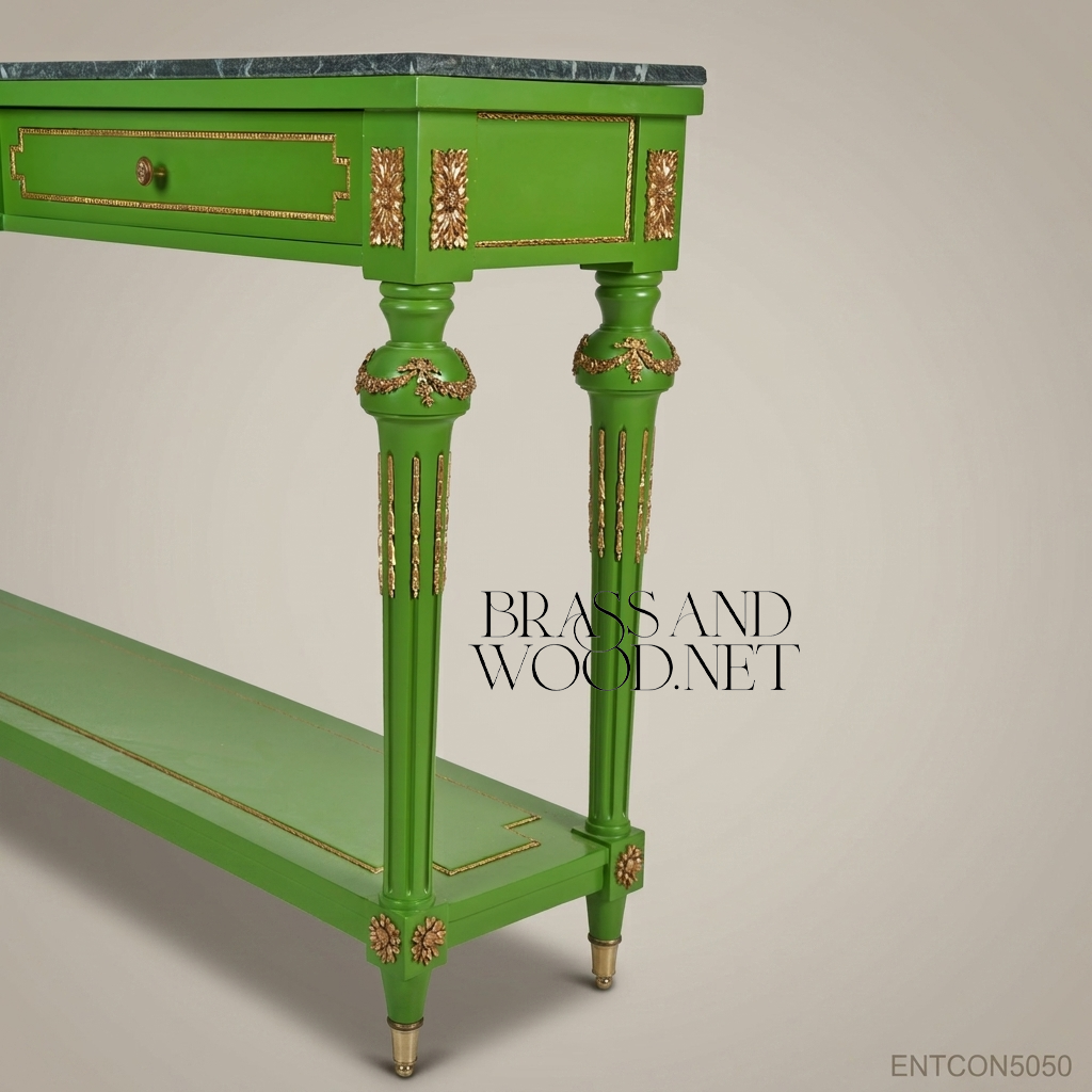 Louis XVI Green Lacquer & Marble Console Table with Gold Leaf Accents