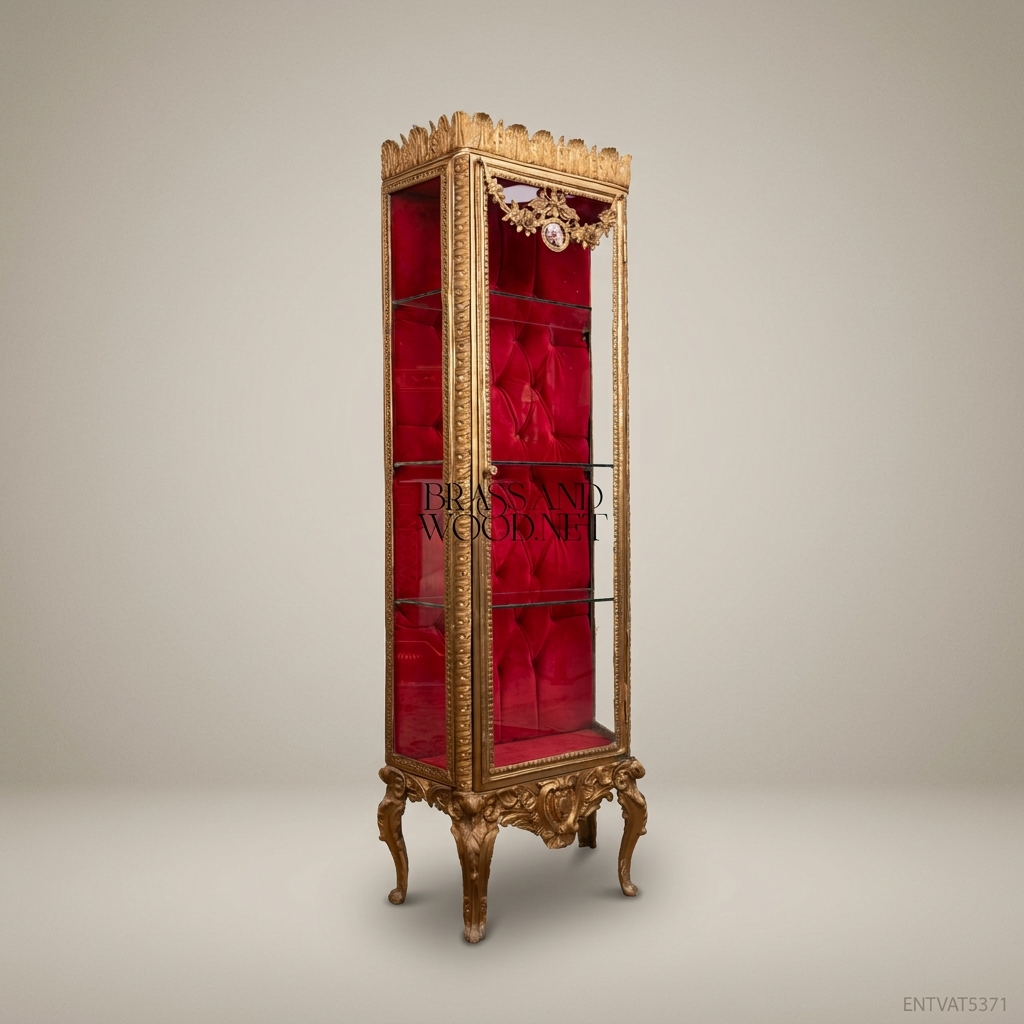 Napoleon III Rococo Revival Gilt Display Vitrine - Crimson Capitonné Interior & Acanthus Crown
