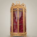Louis XVI Neoclassical Gilt Vitrine — Curved Glass with Laurel Crest & Crimson Velvet Interior