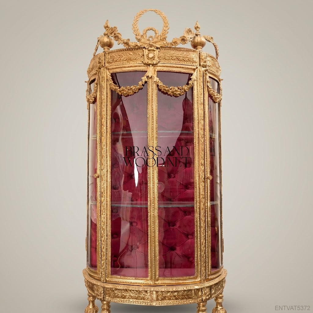 Louis XVI Neoclassical Gilt Vitrine — Curved Glass with Laurel Crest & Crimson Velvet Interior