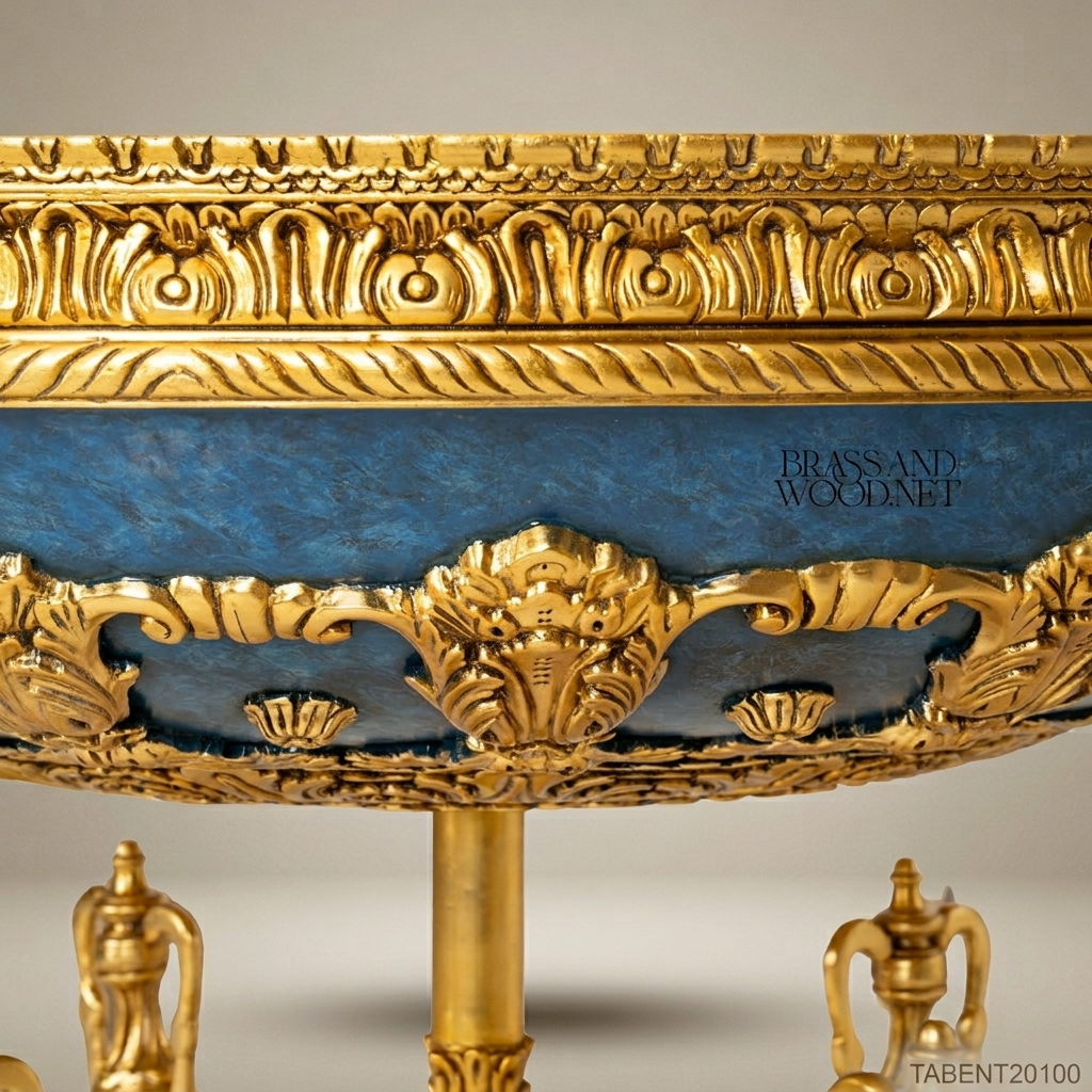Louis XVI Neoclassical Round Centre Table — Gilt Carved Frame with Blue Panel Apron & Urn Stretcher