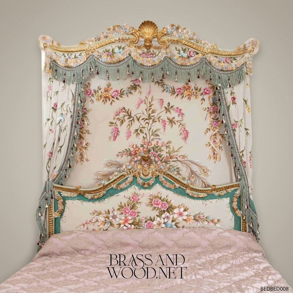 Louis XV Rococo Venetian Polychrome Canopy Bedroom Set with Hand-Painted Floral Bombé Commodes