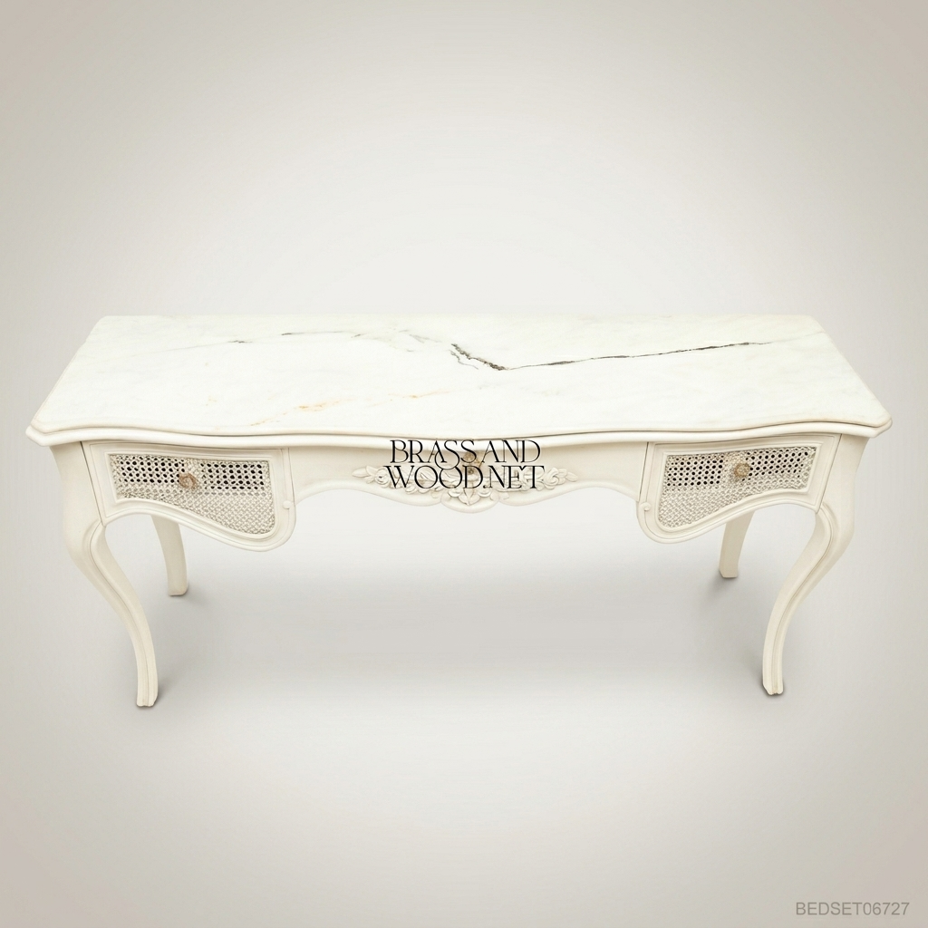 French Provincial Rococo Ivory Dressing Table Set with Carved Mirror & Cane Panels