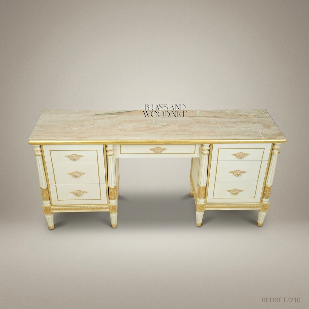 Louis XVI Neoclassical Ivory & Gold Dressing Table Set – Arched Mirror & Marble Top