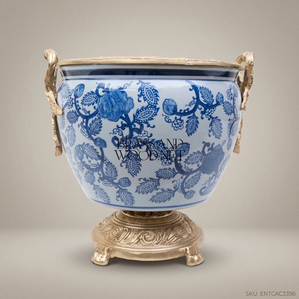 Porcelain Planter Cachepot - Small 27 cm - Blue & White - Gold Plated