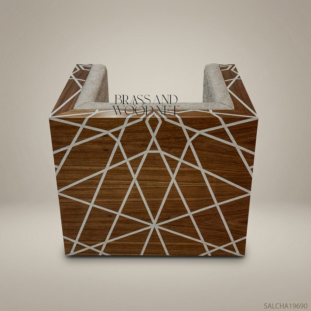 Contemporary Geometric Hardwood & Linen Salon Armchair
