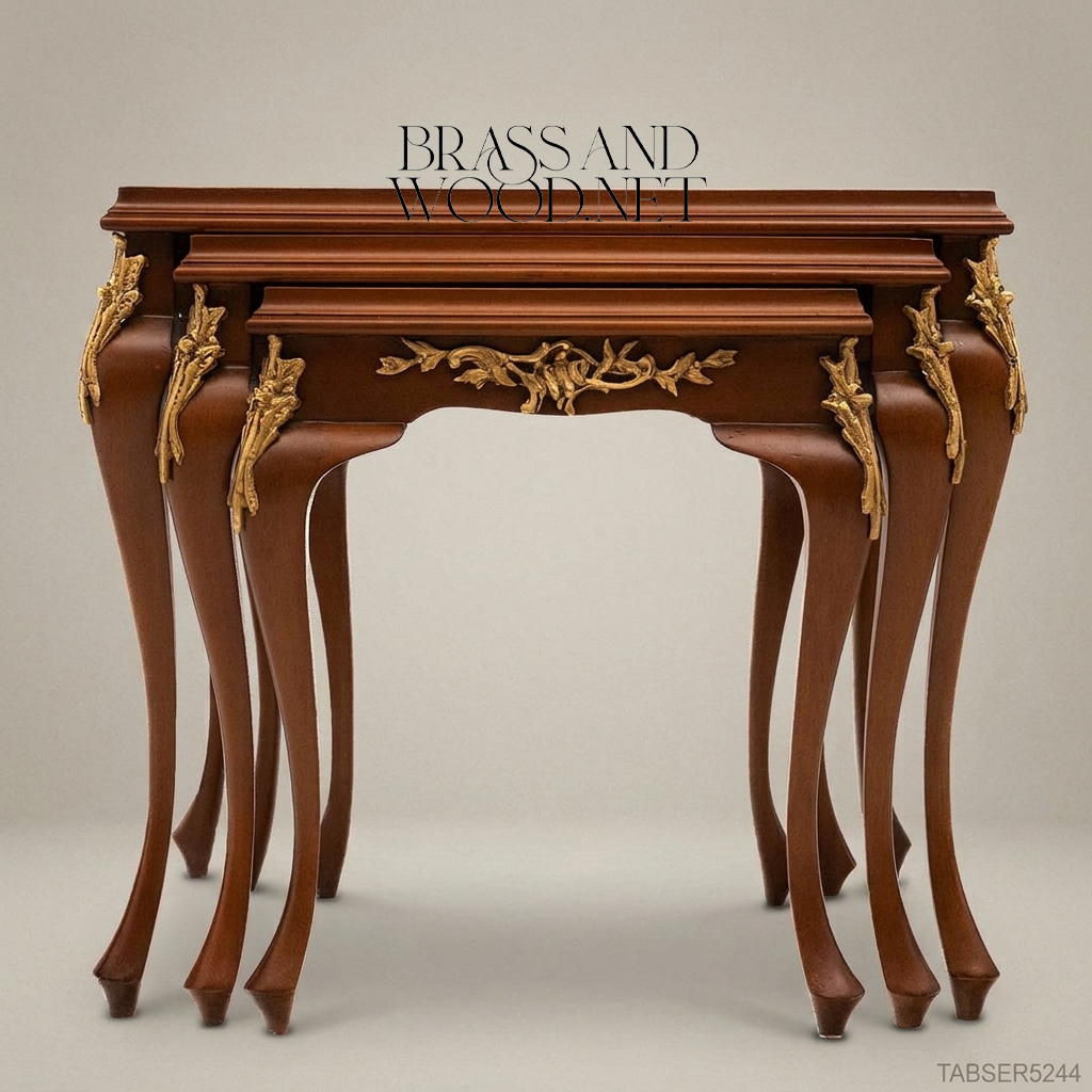 Louis XV Nesting Tables Set – Carved Walnut & Antique Brass Ornaments