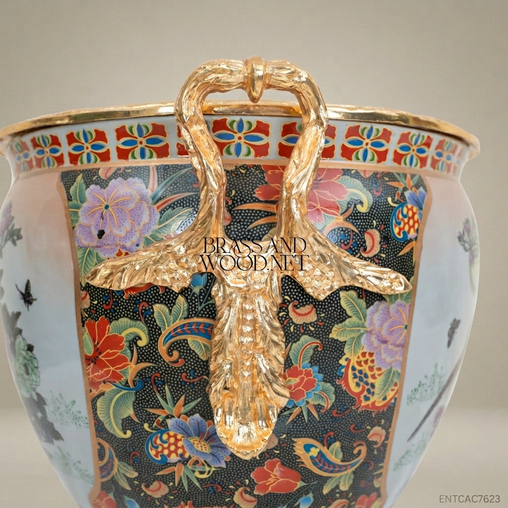 Chinoiserie Hand-Painted Porcelain Jardinière with Gilt Brass Pedestal & Dragon Handles