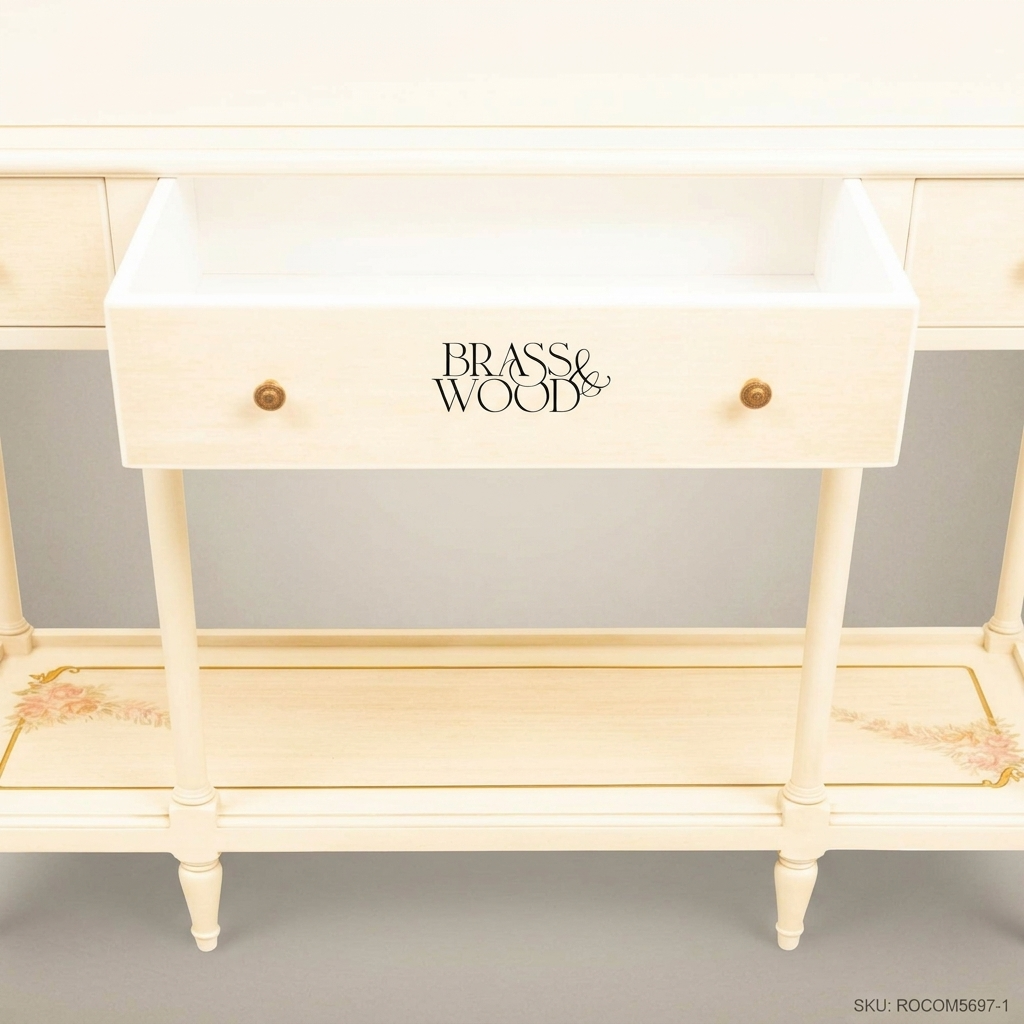 Classic Cream Wooden Console Table with Glass Top