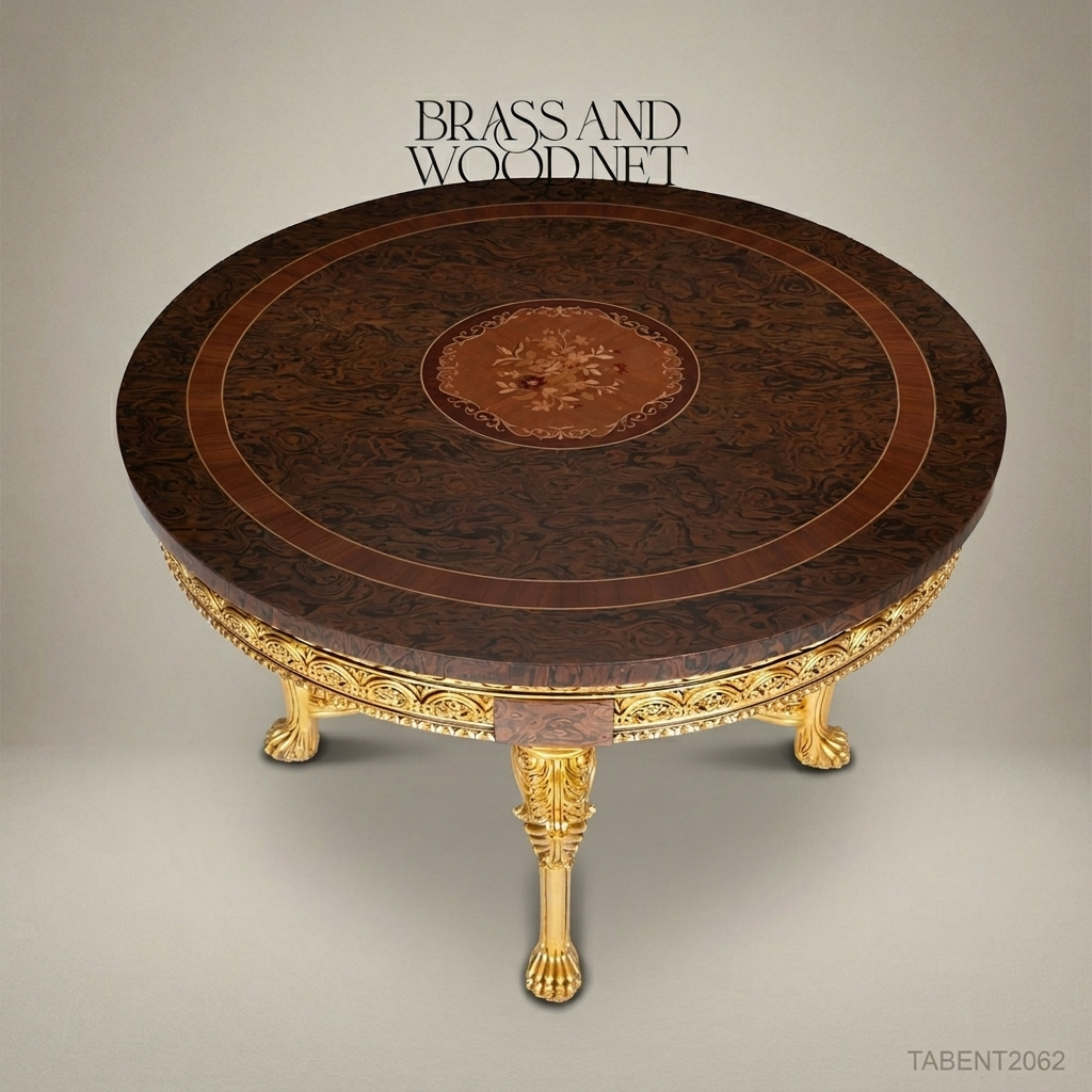 Napoleon III Rococo Revival Round Centre Table — Burl Marquetry Top & Gilt Carved Base, 140cm