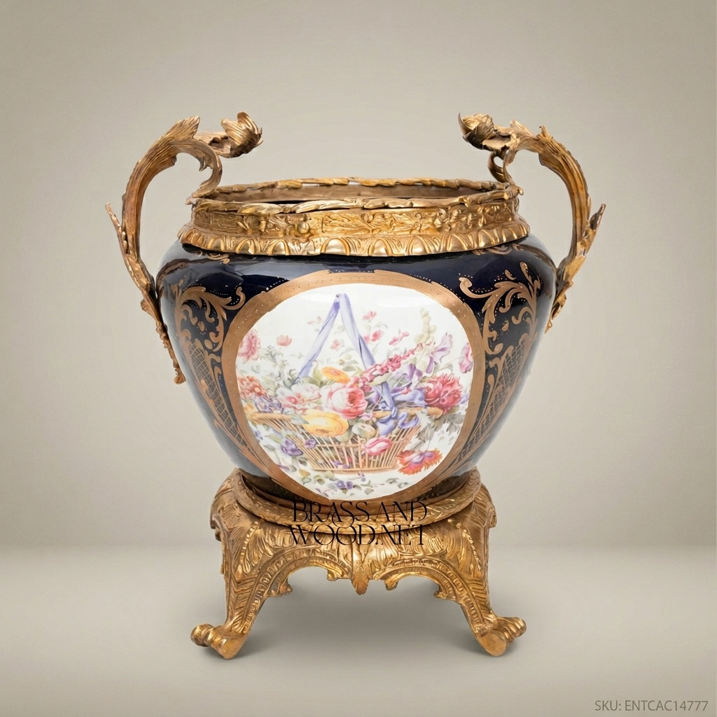 Napoleon III Rococo Revival Cobalt Porcelain Jardinière with Antique Gold Bronze Mounts & Floral Medallion