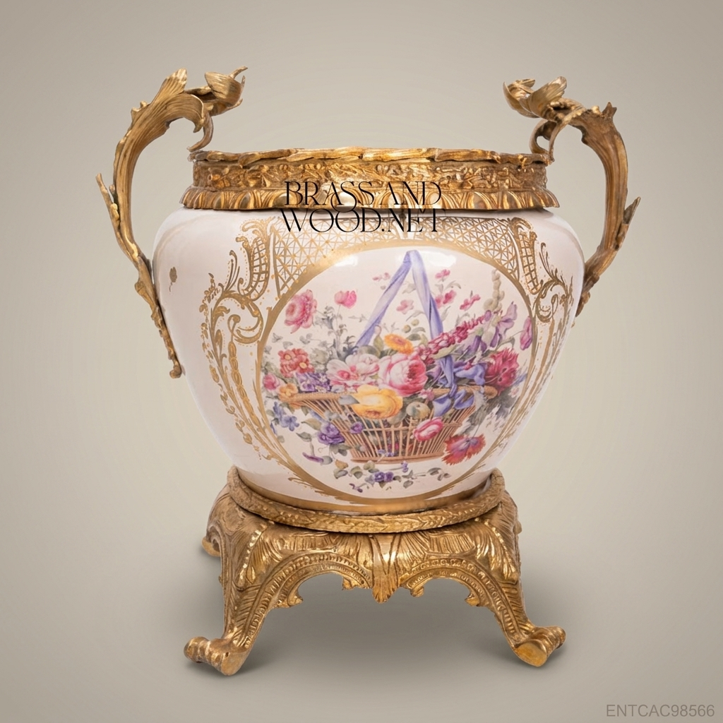 Napoleon III Rococo Revival Porcelain Cachepot - Hand-Painted Floral Basket with Gilt Bronze Mounts