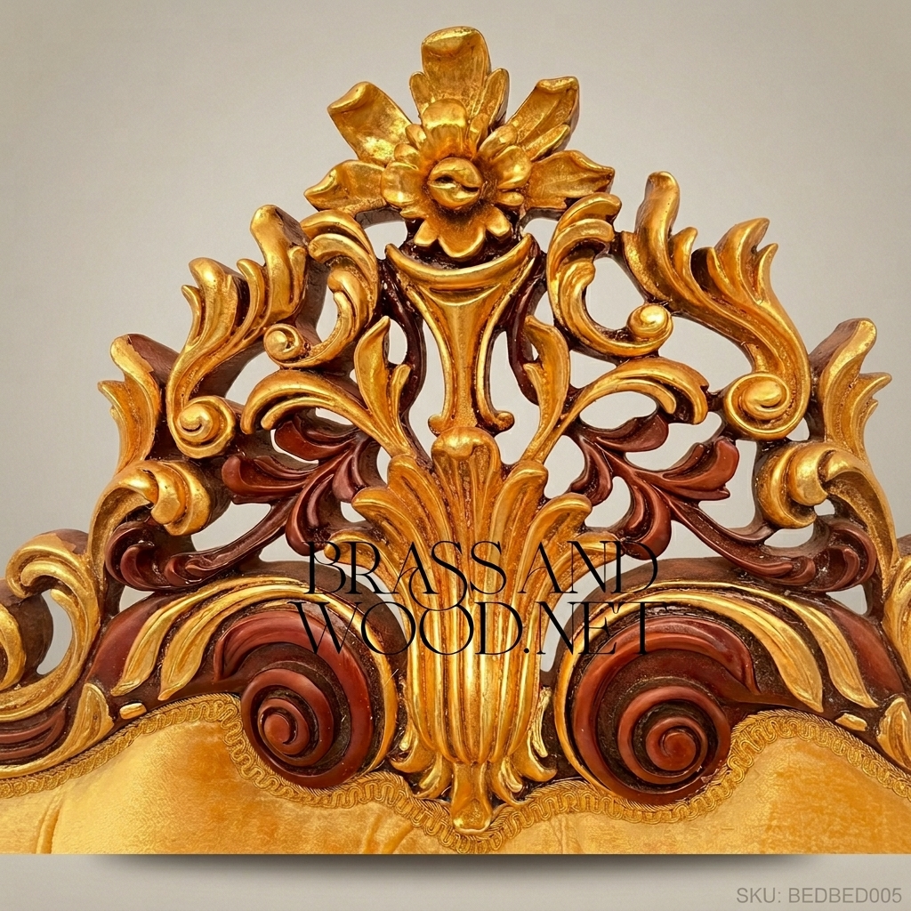 Napoleon III Rococo Revival Bedroom Set — Carved Mahogany with Gold-Leaf Acanthus & Amber Velvet Tufted Headboard