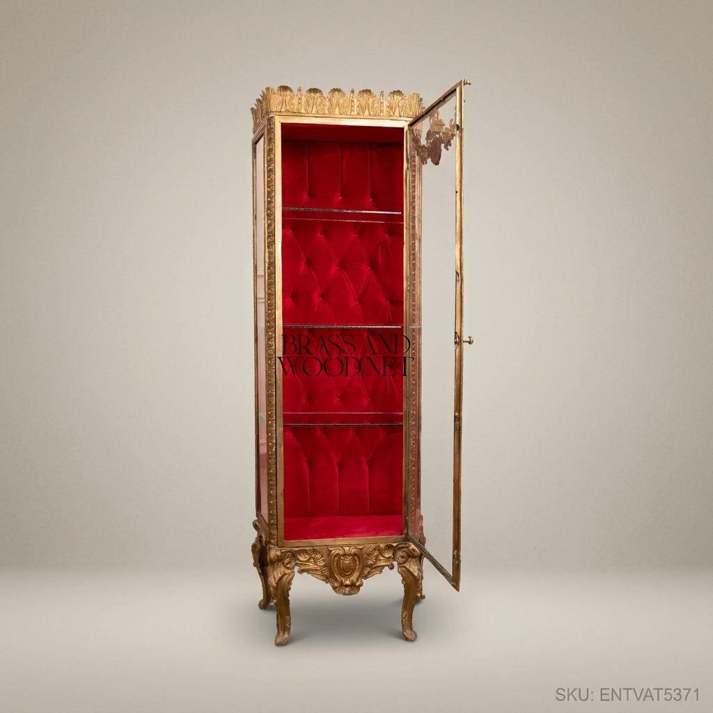 Napoleon III Rococo Revival Gilt Display Vitrine - Crimson Capitonné Interior & Acanthus Crown