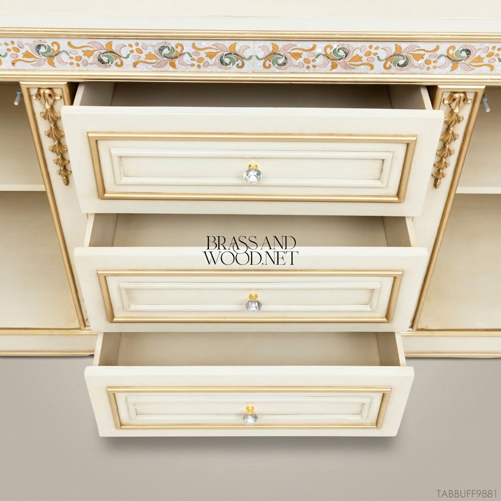 Brass & Wood Neoclassical Painted Buffet with Gold Ornamentation