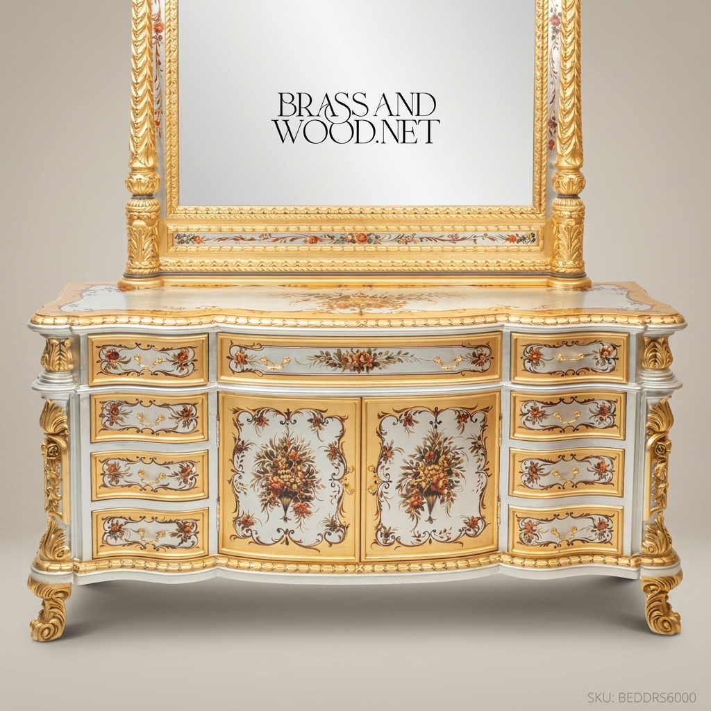 Napoleon III Rococo Revival Hand-Painted Gilded Dressing Table with Mirror — Ivory & Gold Floral Lacquer